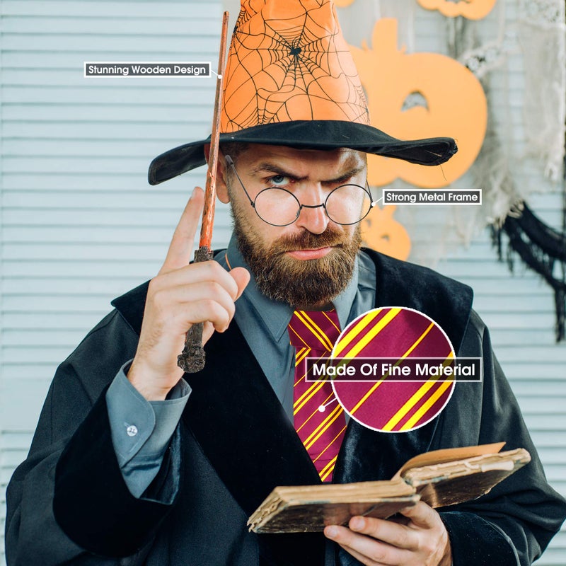 Skeleteen Wizard Costume Accessories Set - Nerd Circle Glasses, Tie and a Magic Wand Accessory Set for Kids and Adults - Image 2